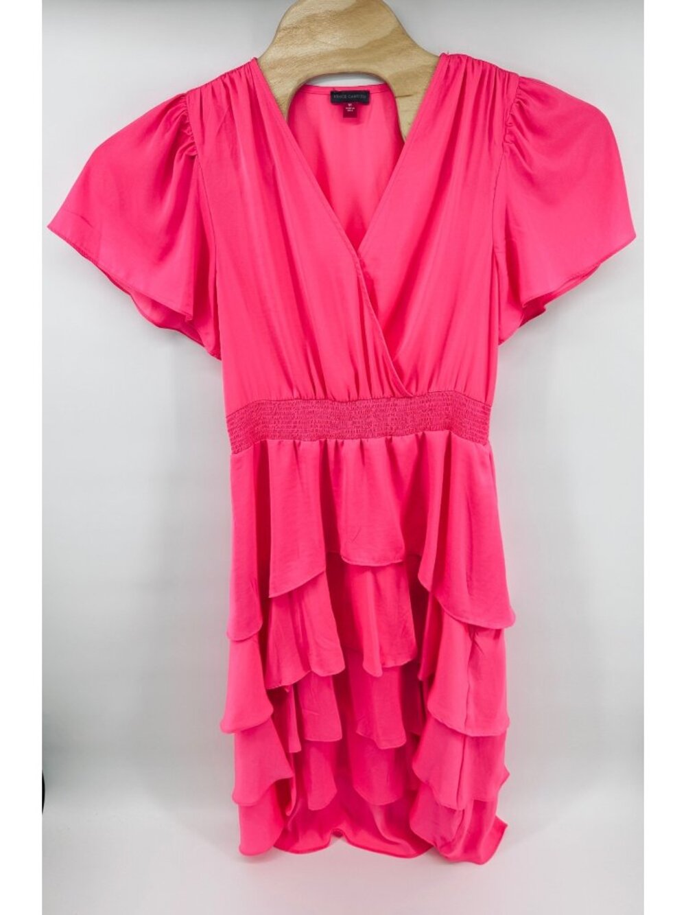 Vince Camuto High-Low Tiered Ruffle Dress Flutter Sleeves Midi Medium Pink